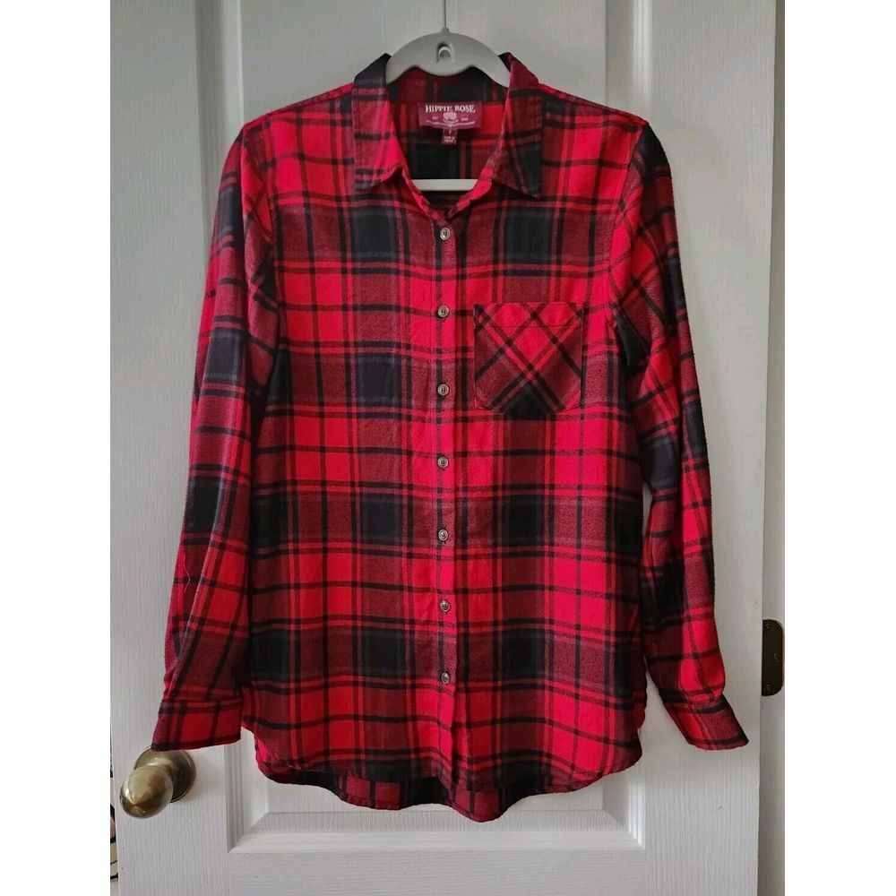 Hippie Rose Womens Plaid Flannel Button Up Shirt Long Sleeve Top Red Black S